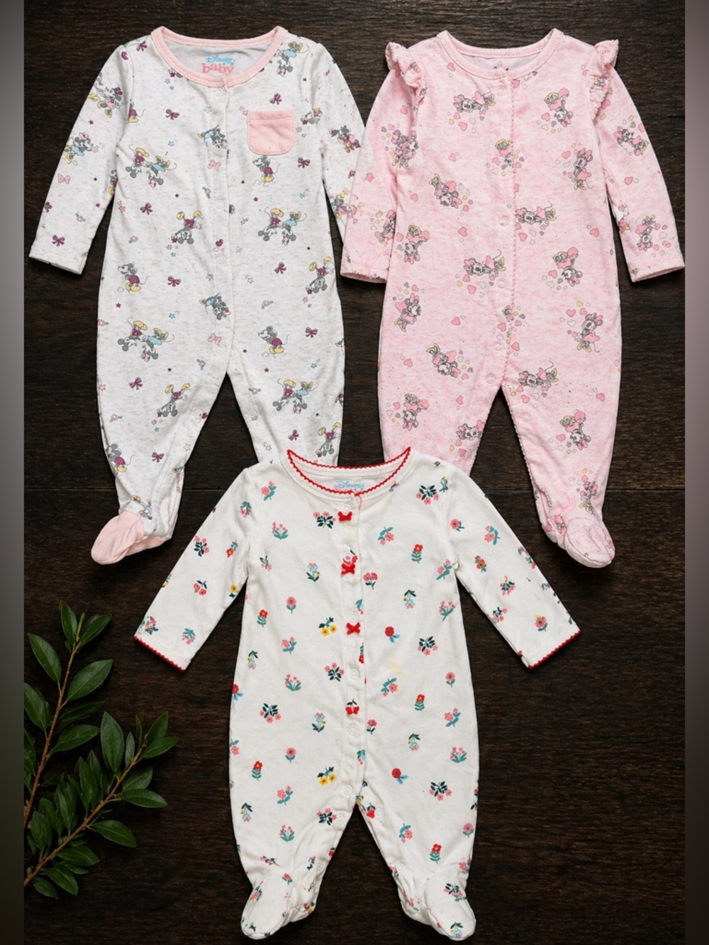 Baby Girl Sleeper Bundle 3pc Minnie Mouse Floral Footed Pajamas 3-6 months